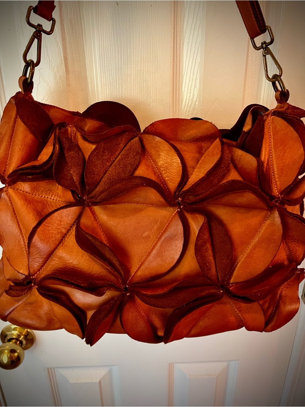 NWOT-ISADORA Large Italian, Genuine Leather Ruffle Shoulder Bag in Cognac Brown